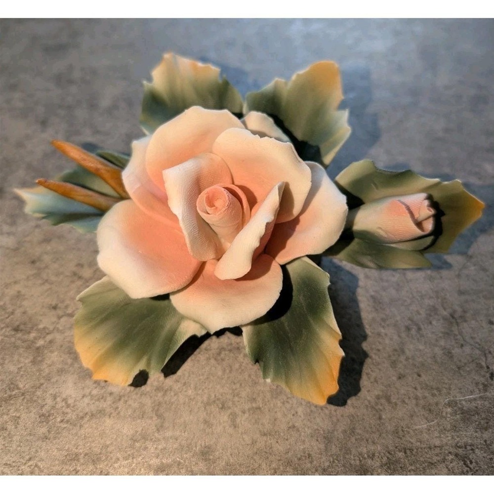 Vintage Capodimonte Porcelain Rose Flower Bisque Italy Pink Green 1960s Figure